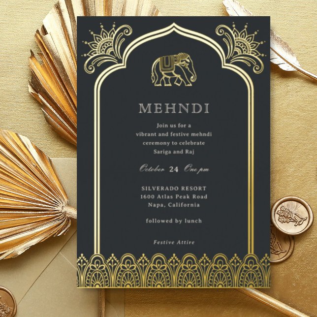 Invitation En Aluminium Elephant & Henna Design Motif Indien Mehndi Gold (Black Indian wedding Mehndi invitation, elephant and lotus flower, hindu wedding invitation card)