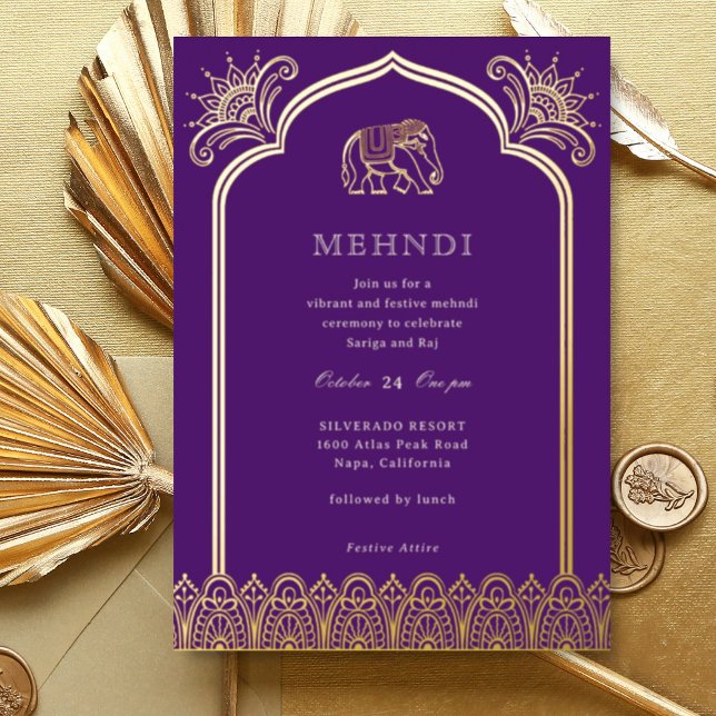 Invitation En Aluminium Elephant & Henna Design Motif Indien Mehndi Gold (Purple Indian wedding Mehndi invitation, elephant and lotus flower, hindu wedding invitation card)