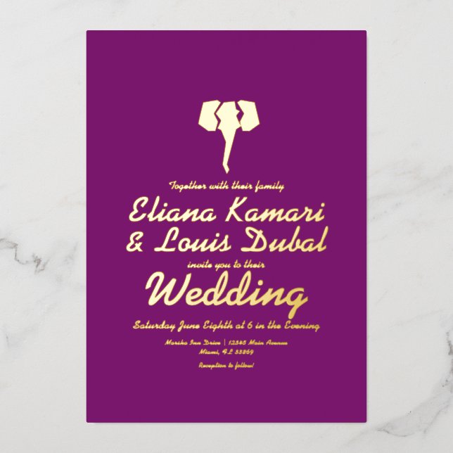 Invitation En Aluminium Eléphant Violet Mariage ethnique Pressé (Recto)