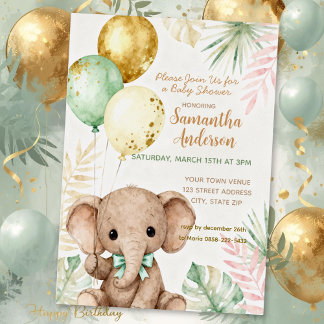 Invitation En Aluminium Éléphante Marron Vert Sauge Ballons Baby Shower