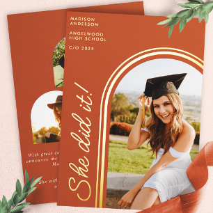 Invitation En Aluminium Elle L'A Fait Terracotta Moderne Arc Photo Graduat