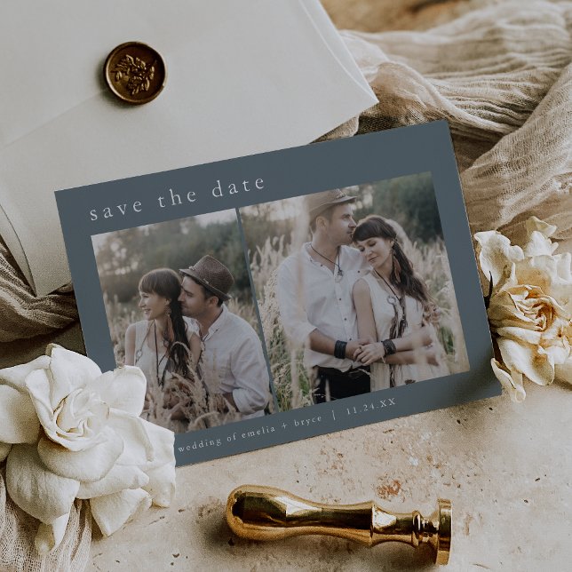 Invitation En Aluminium EMELIA Silver Foil Blue Boho Wedding Enregistrer l (EMELIA Silver Foil Blue Boho Wedding Save the Date Foil Invitation)