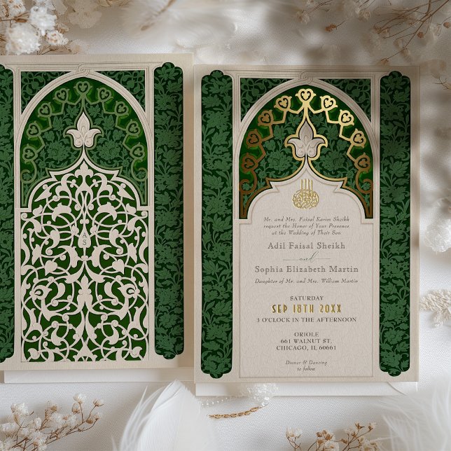 Invitation En Aluminium Emerald Elegance Mariage de dentelle islamique (Créateur téléchargé)