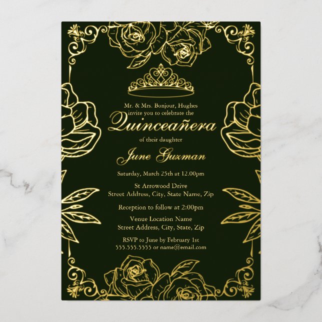 Invitation En Aluminium Emerald Gold Rose Garden Quinceanera (Recto)