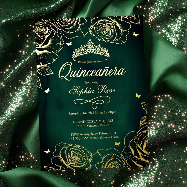 Invitation En Aluminium Emerald Gold Roses Thème Quinceanera (Créateur téléchargé)