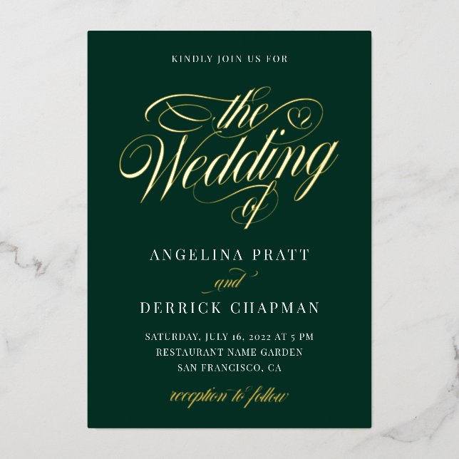 Invitation En Aluminium Emerald Green All in One Calligraphie Mariage Gold (Recto)