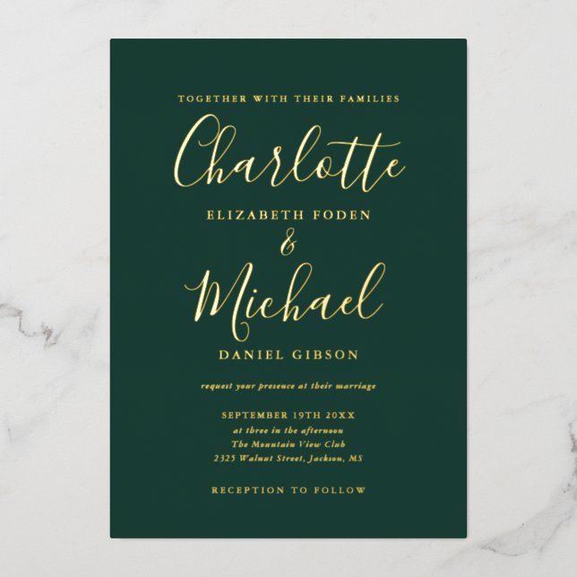 Invitation En Aluminium Emerald Green Et Gold Script Mariage Gold (Recto)