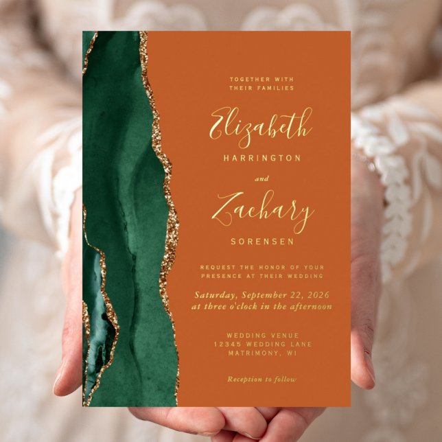 Invitation En Aluminium Emerald Green Gold Agate Burning Orange Mariage (Créateur téléchargé)