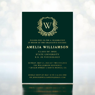Invitation En Aluminium Emerald Green Gold Crest Monogram Graduation Party