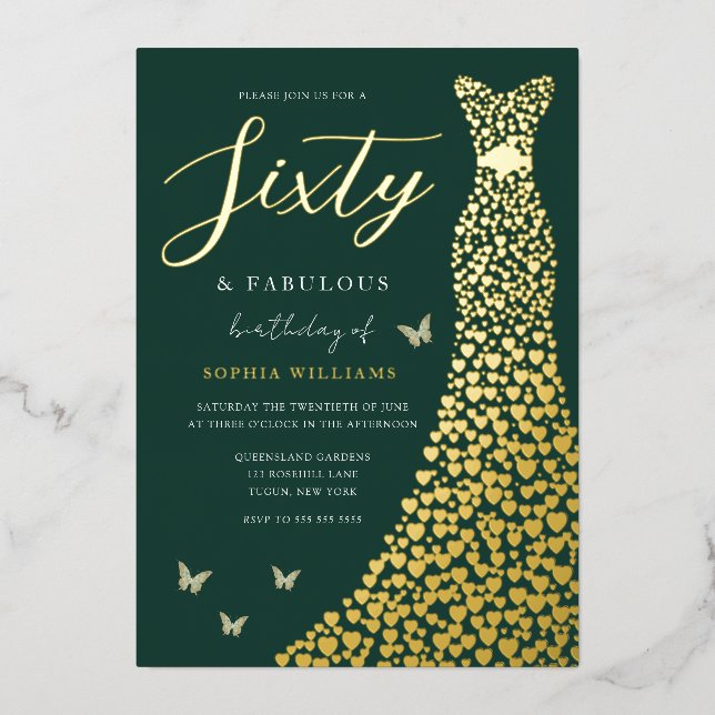 Invitation En Aluminium Emerald Green Gold Foil Gown 60e fête d'anniversai (Recto)