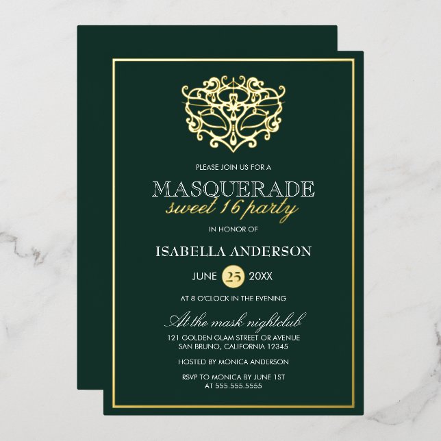 Invitation En Aluminium Emerald Green & Gold Masquerade Sweet 16 Party (Recto/Verso)