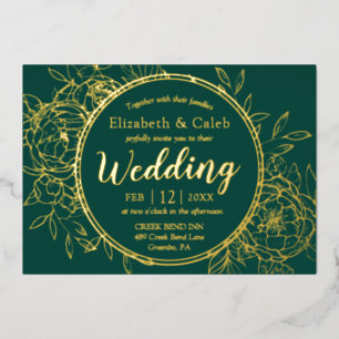 Invitation En Aluminium Emerald Green & Gold Peony Modern Toile Mariage