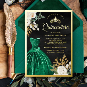 Invitation En Aluminium Emerald Green Gown Floral Black Quinceanera Gold