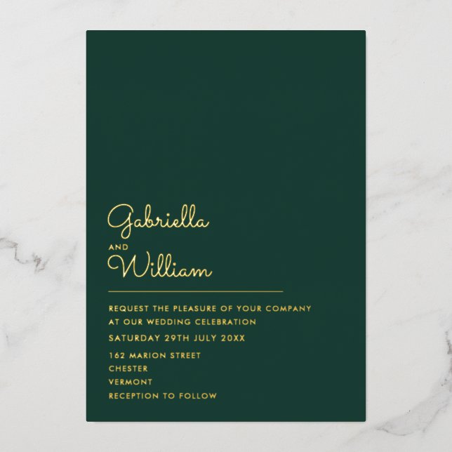 Invitation En Aluminium Emerald Green Minimaliste Script Mariage or (Recto)