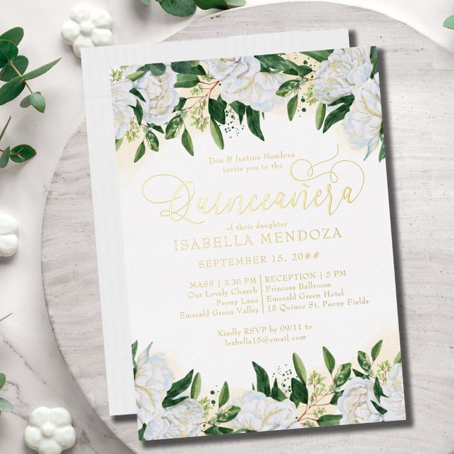 Invitation En Aluminium Emerald Green Peony blanc Quinceanera Mass Gold (Créateur téléchargé)
