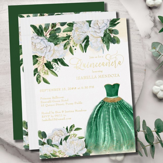 Invitation En Aluminium Emerald Green Princess Quinceanera Gold (Créateur téléchargé)