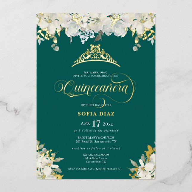 Invitation En Aluminium Emerald Green Quinceañera Floral Gold (Recto)