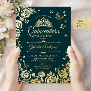 Invitation En Aluminium Emerald Green Roses papillons Quinceanera