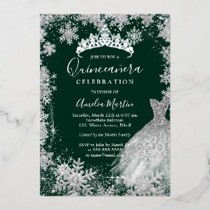 Invitation En Aluminium Emerald Green Snowflake Quinceanera d'hiver