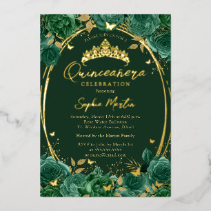 Invitation En Aluminium Emeraude Captivant Papillon Floral Quinceanera