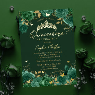 Invitation En Aluminium Emeraude Envoûtante Papillon Floral Quinceanera
