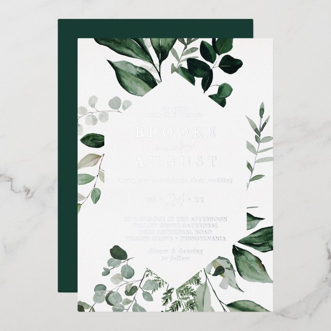 Invitation En Aluminium Émeraude | Huile d'argent tout en un Mariage (Recto/Verso)
