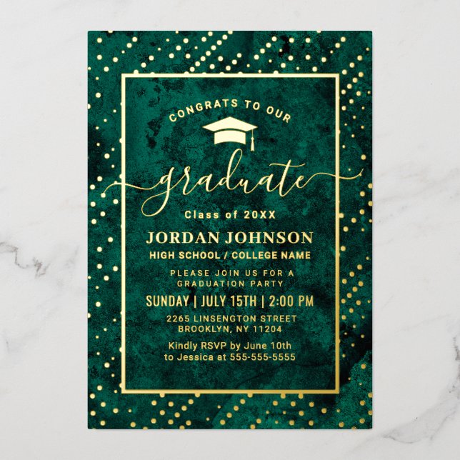 Invitation En Aluminium Émeraude moderne Marbre vert de la fête de graduat (Recto)