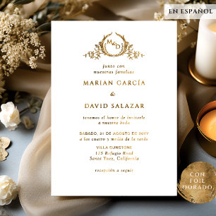 Invitation En Aluminium En espagnol Mariage Monogramme Or Réel Feuille d'O