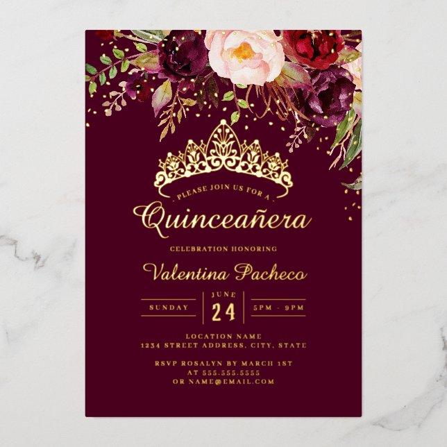 Invitation En Aluminium Enchanter Floral Bourgogne Quinceanera (Recto)