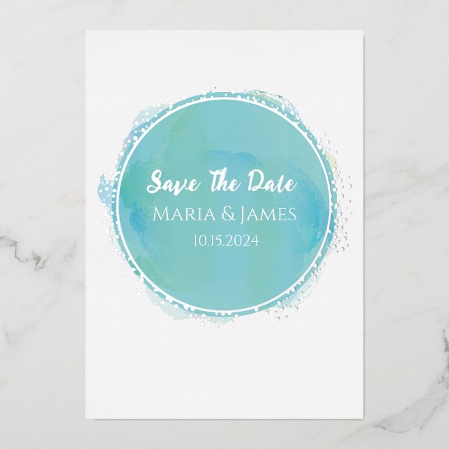 Invitation En Aluminium Enregistrer la date Aqua Aquarelle Turquoise avec  (Recto)