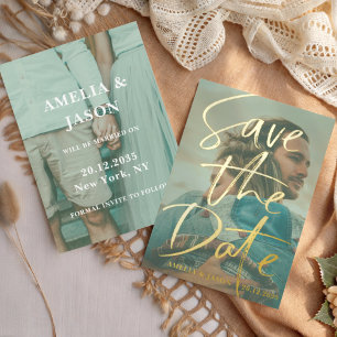 Invitation En Aluminium Enregistrer la date Gold Calligraphy Photo Foil In