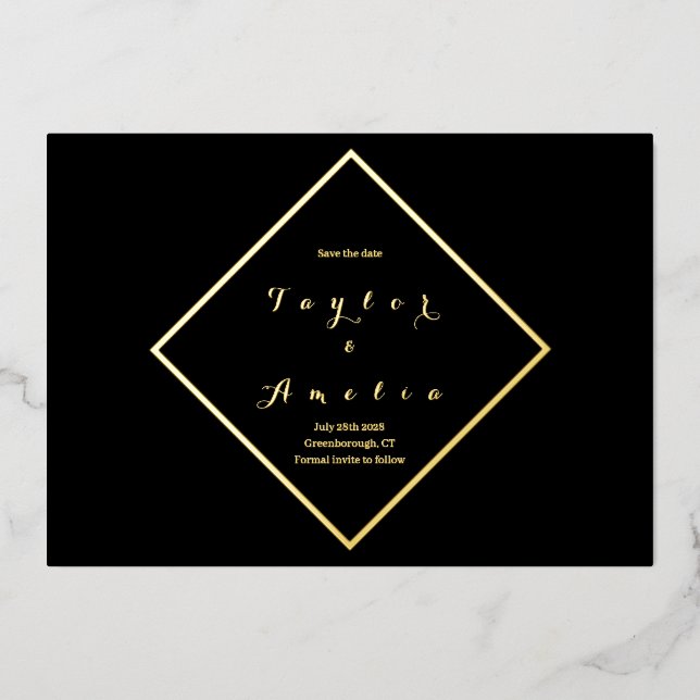 Invitation En Aluminium Enregistrer la date Simple Elegant Black Real Gold (Recto)