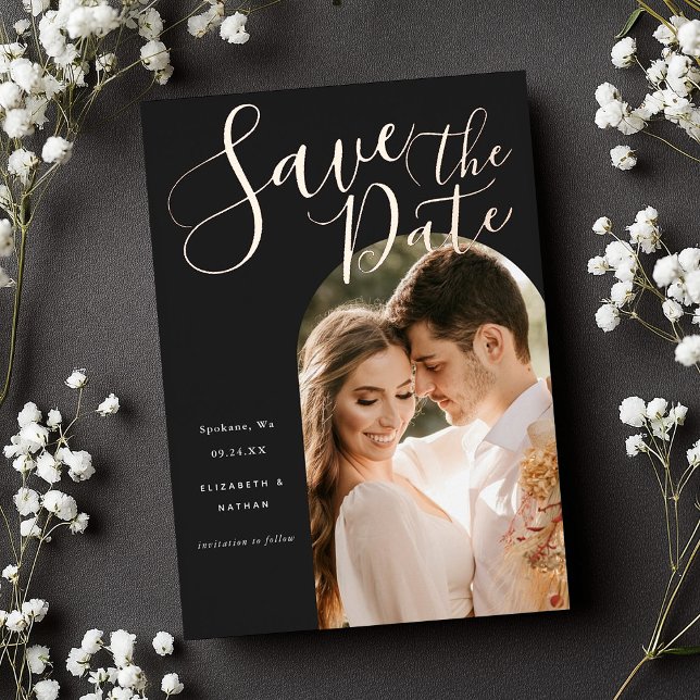 Invitation En Aluminium Enregistrer la date stylish Script Arch Frame Phot (Créateur téléchargé)