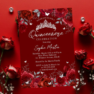 Invitation En Aluminium Envoûtante Quinceanera Florale Rouge Argentée