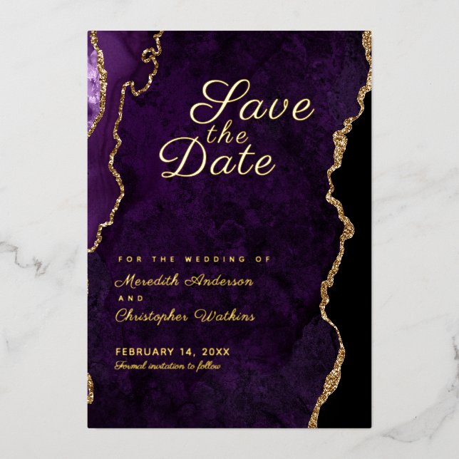 Invitation En Aluminium Épargne Date Violet Agate Paillettes Or (Recto)