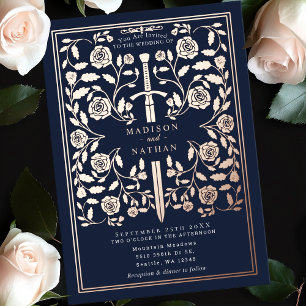 Invitation En Aluminium Épée de mariage Rose Gold Médiévale Royale Bleue