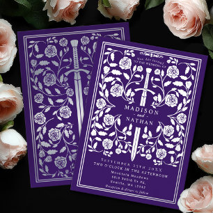 Invitation En Aluminium Épée de Mariage Royale Médiévale Argent sur Fond V
