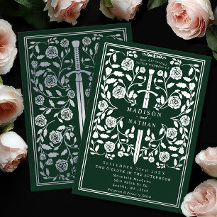 Invitation En Aluminium Épée de mariage royale médiévale argentée verte