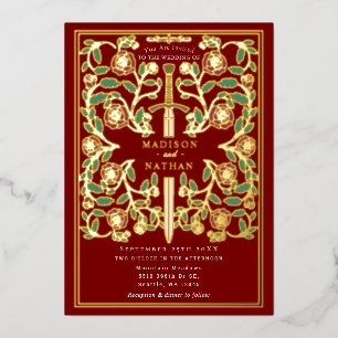 Invitation En Aluminium Épée Royale Écarlate Fantaisie Florale Mariage