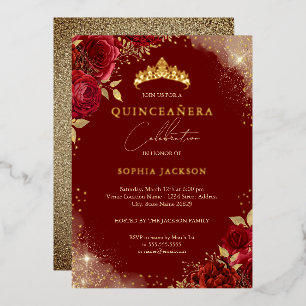 Invitation En Aluminium Éperche Or Rose rouge Tiara Quinceanera