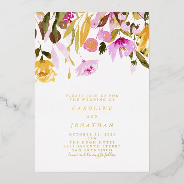Invitation En Aluminium Été rose Jaune Floral Mariage Or (Recto)