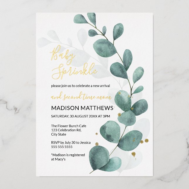 Invitation En Aluminium Eucalyptus Baby Sprinkle Green & Gold Foil Inv (Recto)