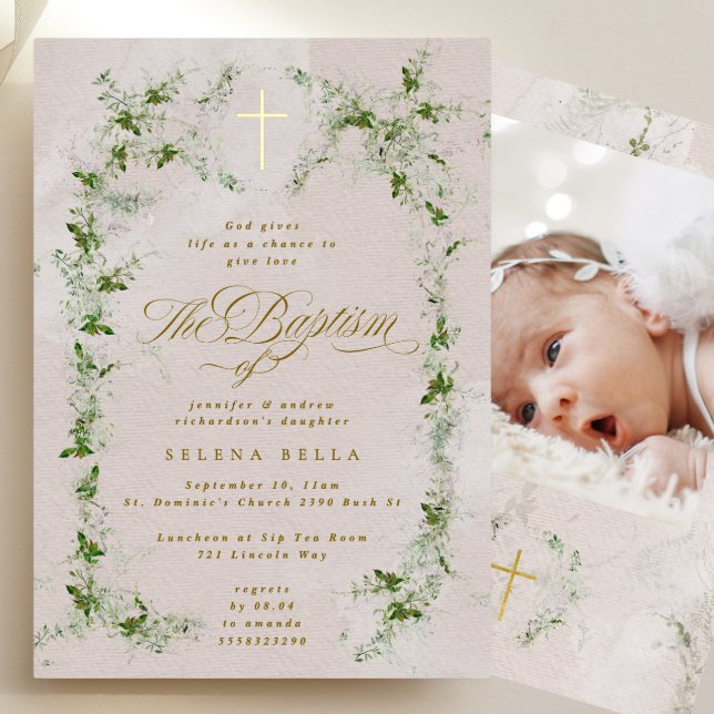Invitation En Aluminium Eucalyptus Gold Cross Wreath Baptisme Foil Photo (Créateur téléchargé)