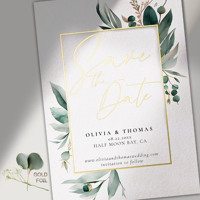 Invitation En Aluminium Eucalyptus Green Gold Romance Mariage Date de sauv (modern simple wedding save the date typography calligraphy eucalyptus greenery emerald green gold )