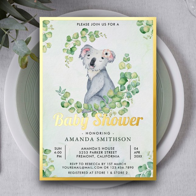 Invitation En Aluminium Eucalyptus Russe Cute Koala Oear Baby shower Or (Créateur téléchargé)