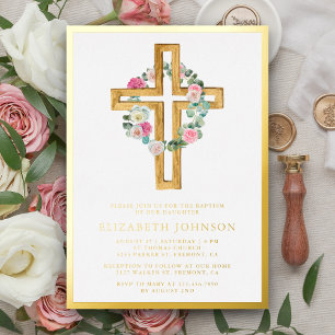Invitation En Aluminium Eucalyptus Rustique Floral Bois Croix Baptême Or