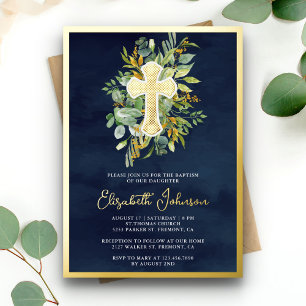 Invitation En Aluminium Eucalyptus rustique Verdure Baptême Marine Bleu Or