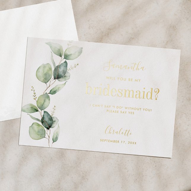 Invitation En Aluminium Eucalyptus Serez-Vous Ma Proposition De Mineure (Eucalyptus Greenery Bridesmaid Proposal Gold Foil Card)
