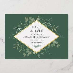 Invitation En Aluminium Eucalyptus Verdure Botanique Économisez la Date Or