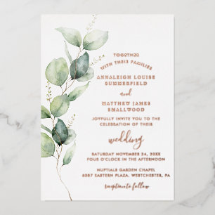 Invitation En Aluminium Eucalyptus Verdure Feuillage Mariage Rose Or